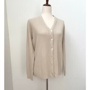 Vintage 90s Classic Elements Cardigan Sweater Womens M Tan Cream Ribbed Knit